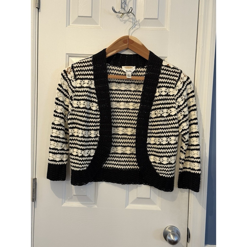 Talbots Blck White Cardigan M Hand Knit Petites Classic Feminine spring